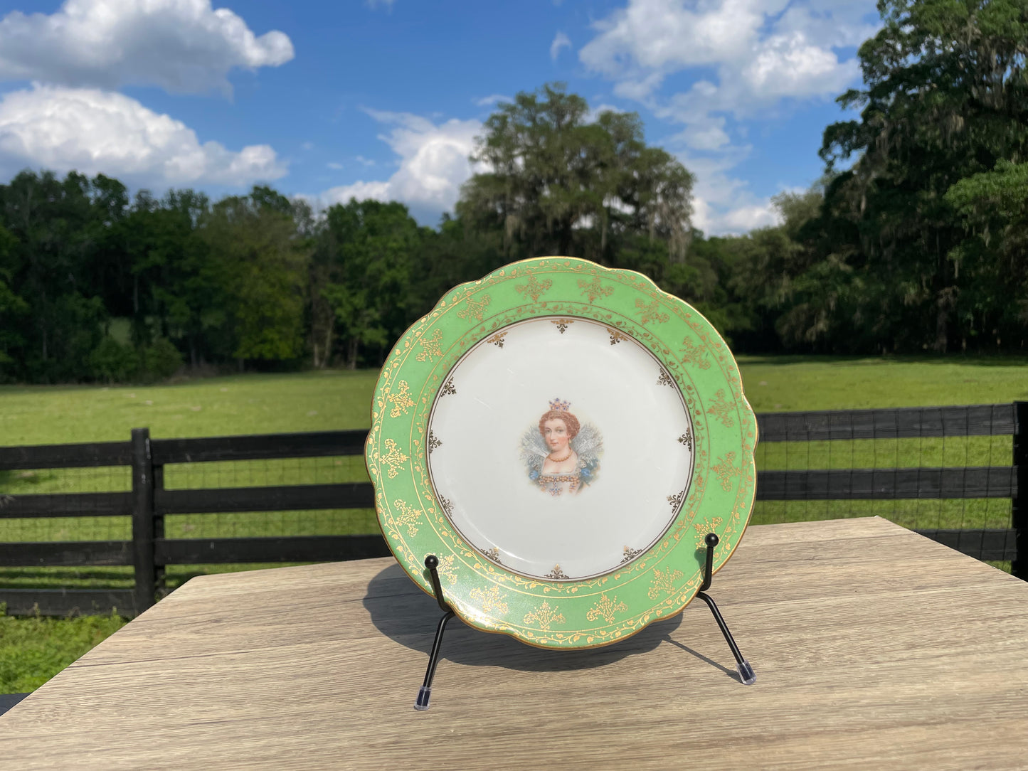 Antique Carlsbad China Austria Green and Gold Decorative Plate