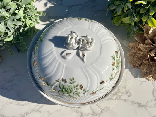 Vintage Hollohaza Hungary Green and Gold Rose Dish