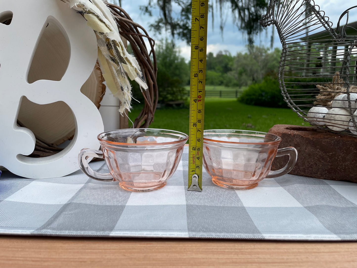 Antique Pink Depression Glass Square Optic Tea Cup and Saucer Set