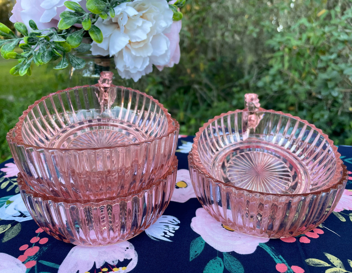 Antique Anchor Hocking Queen Mary Pink Depression Glass Set of Sauce Bowl Set of 3 and 2 Matching Cups with Handles Thebrokenbirdcompany vintage pink dishes party dishes pink glass bowl and cup Easter dinner vintage kitchen unique birthday gift