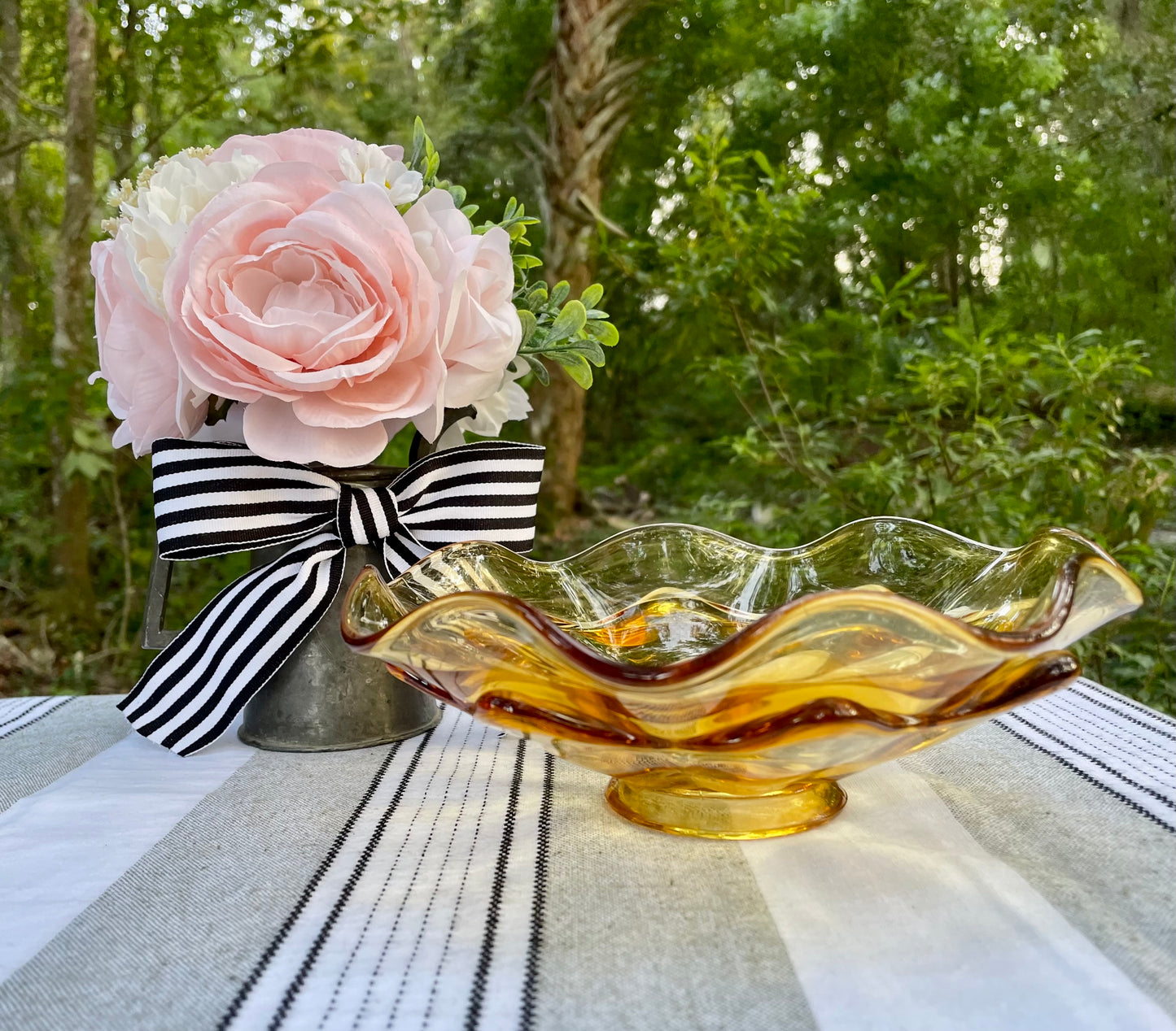 MCM Yellow Viking Glass Orange Molded Double Layered Bowl Ruffle Edge Compote Fruit Bowl