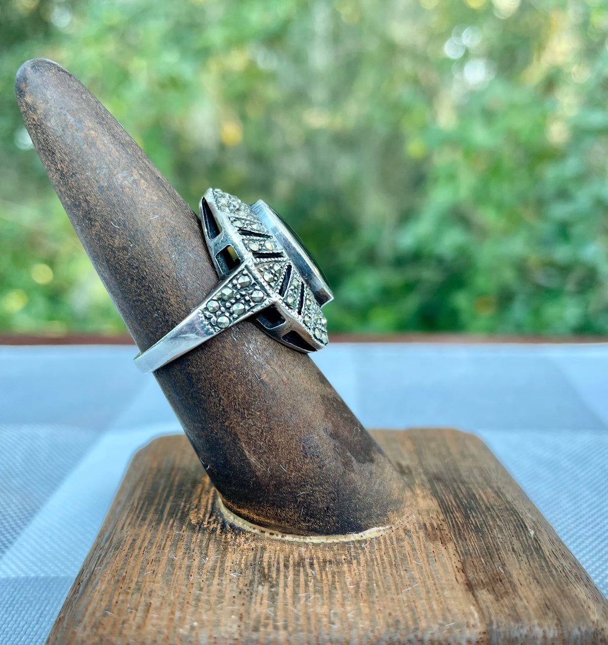 vintage sterling silver ring, black onyx marcasite ring, Art Deco style ring, oval halo ring, size 7 sterling ring, marcasite jewelry, black stone ring, vintage silver ring, geometric marcasite ring, onyx cocktail ring, mid-century sterling ring, baguette halo ring, estate jewelry, antique style silver ring Thebrokenbirdcompany free shipping