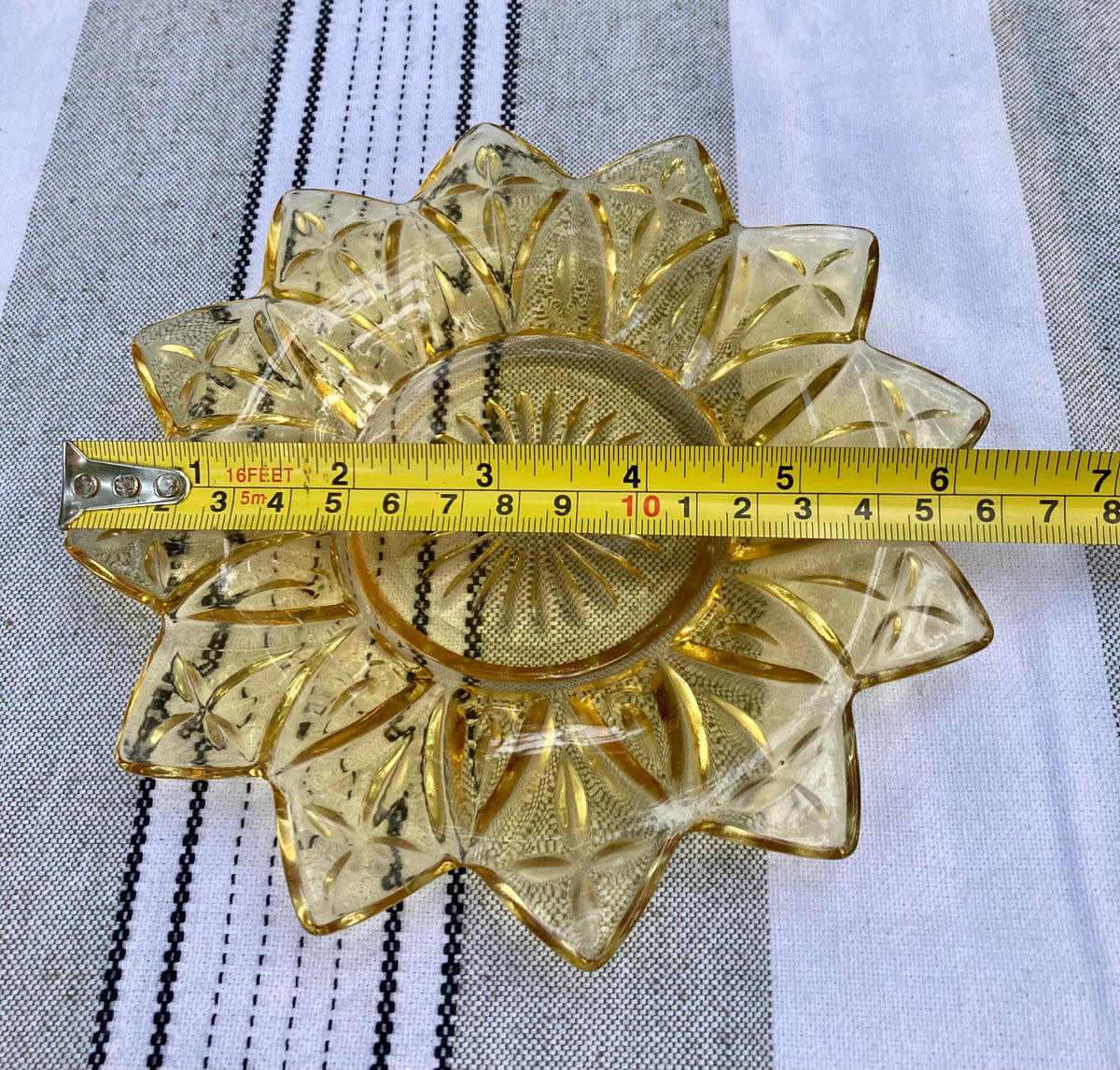 Federal Glass, Petal pattern, yellow glass plate, amber sunflower plate, vintage dessert plate, mid century modern, MCM glassware, 1960s glass, pressed glass plate, starburst petal, flower plate, Sungold, collectible glass Thebrokenbirdcompany free shipping vintage kitchen sunflower plate