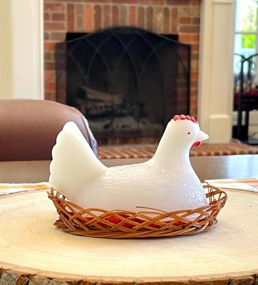Vintage White Milk Glass Chicken with Red Comb Hen in a Wicker Basket