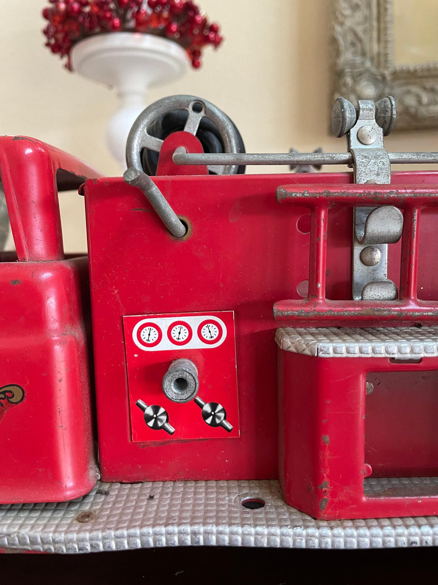 Antique 1957 Tonka Toy Suburban Pumper Fire Engine No. 5 engine red antique pressed steel 1957 edition of the Tonka Toy Fire engine number 5 original red steel ladder and rubber hose the broken bird company antique gifts rare tonka toy fire fighter