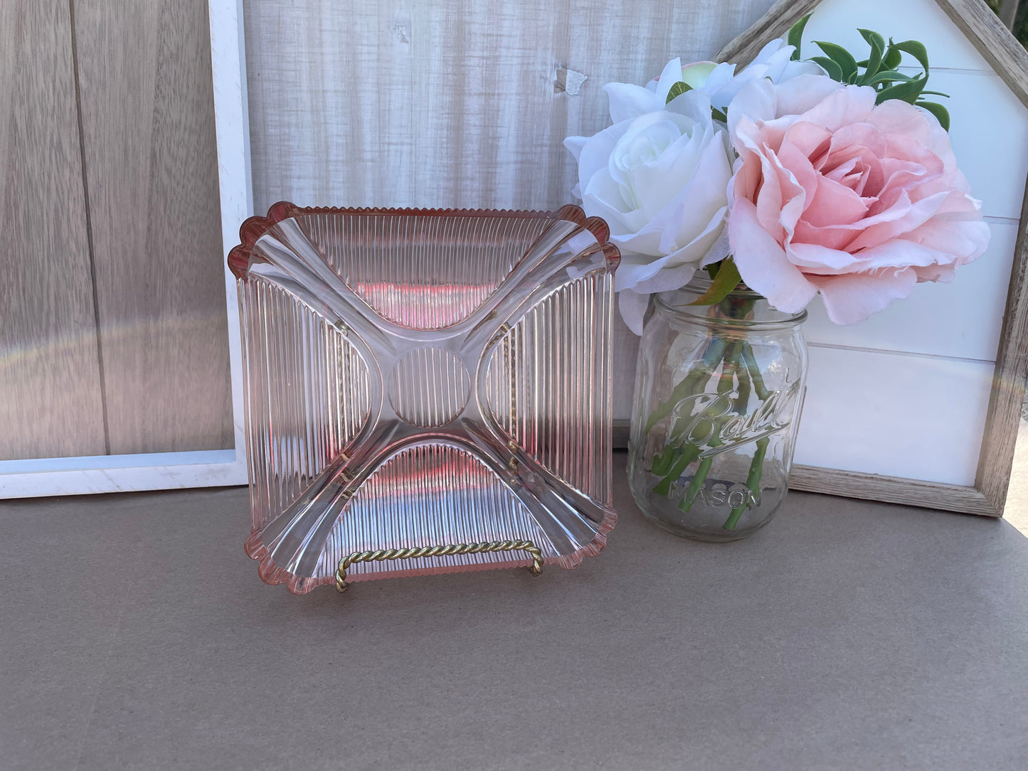 Antique Opalescent Pink Depression Glass Square Ribbed Dish