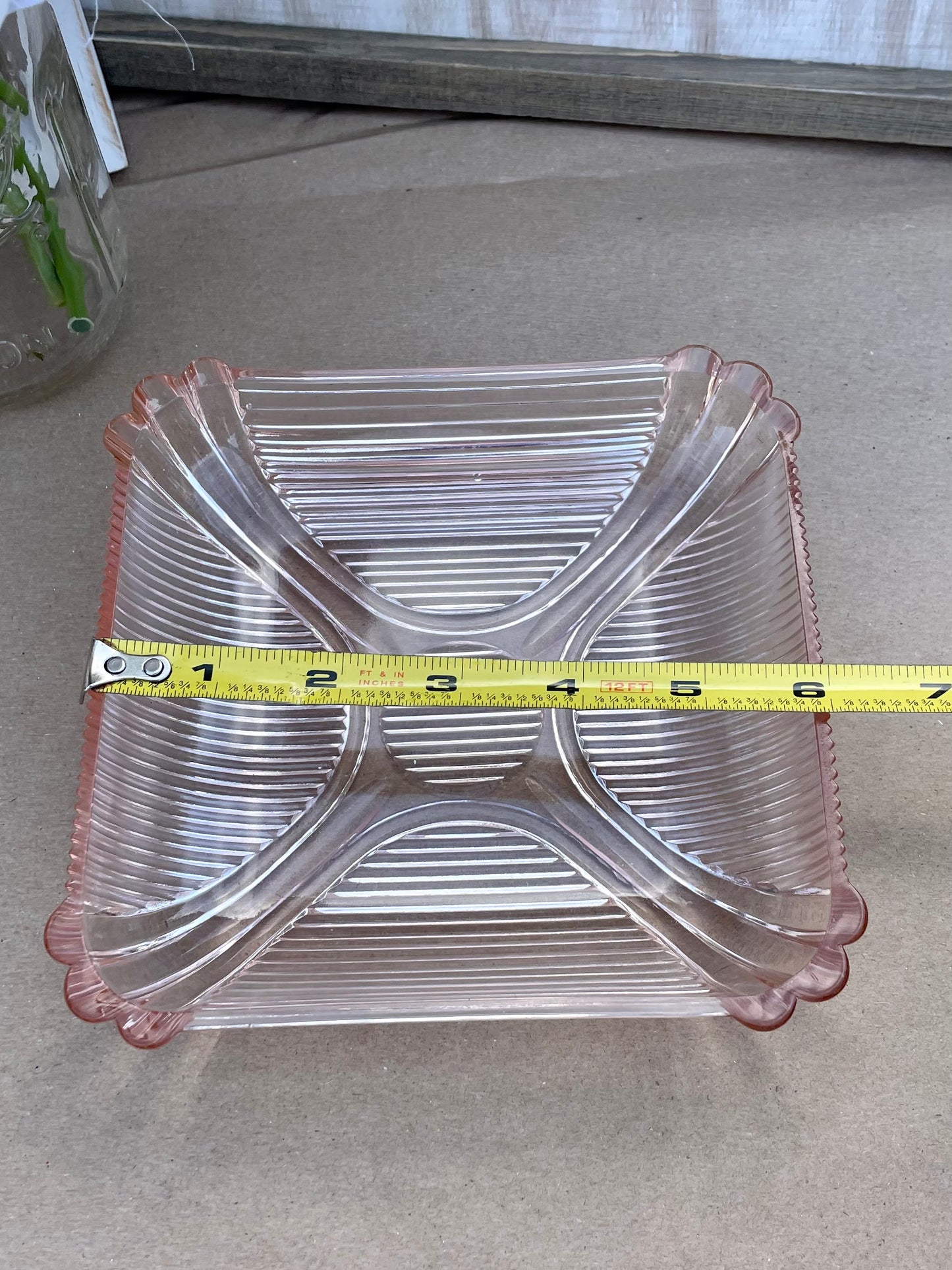 Antique Opalescent Pink Depression Glass Square Ribbed Dish