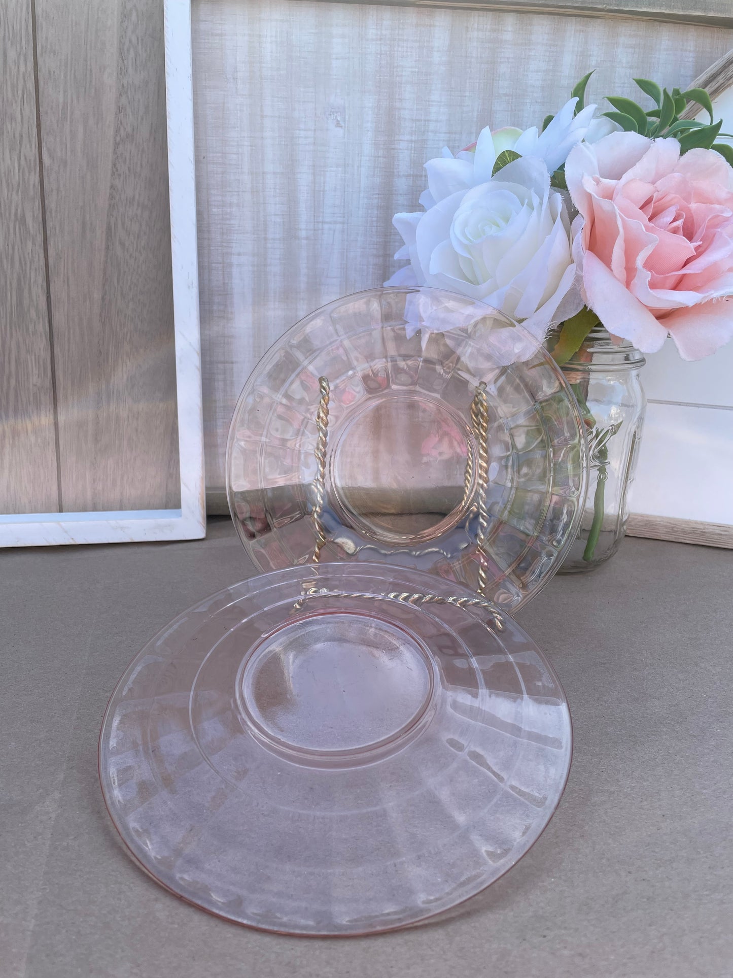 Antique Pink Depression Glass Square Optic Tea Cup and Saucer Set
