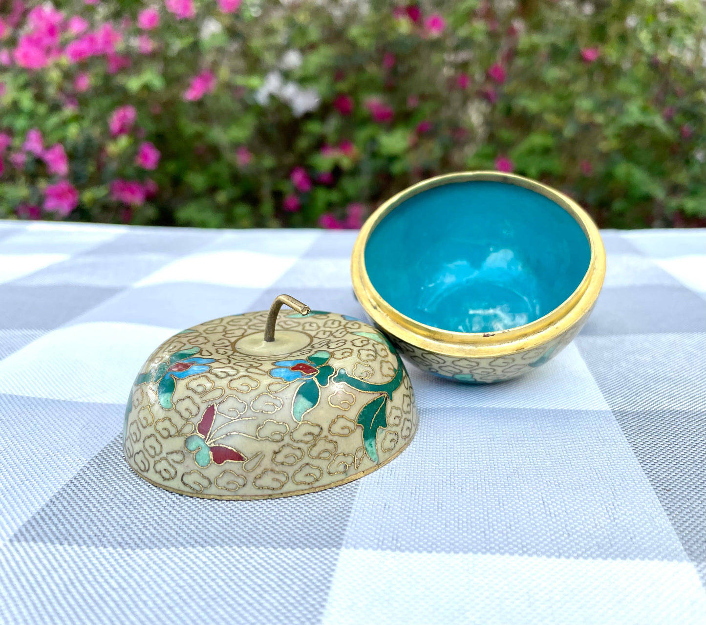 Vintage Yellow Apple Shaped Cloisonné Trinket Jar with Blue Flowers