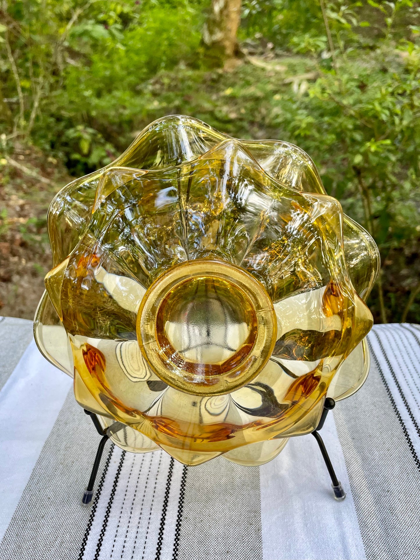 MCM Yellow Viking Glass Orange Molded Double Layered Bowl Ruffle Edge Compote Fruit Bowl