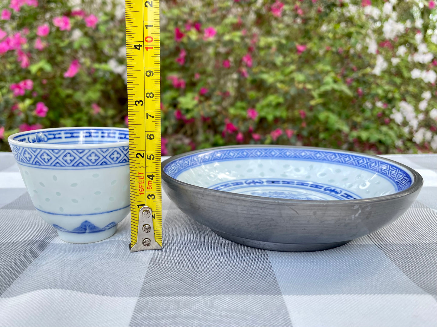 Vintage White Ceramic Blue Dragon Sake Cups and Rice Bowl Set