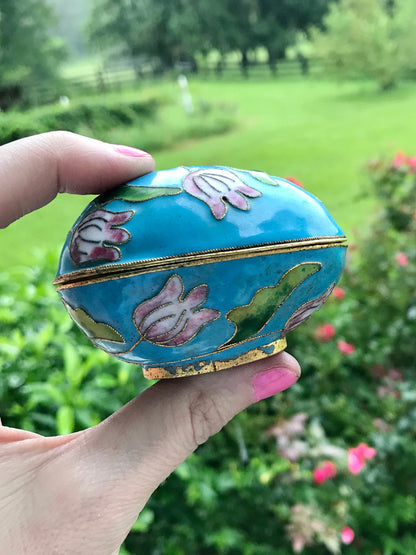 Vintage Cloisonne Blue Enamel and Pink Tulip Lateral Open Egg
