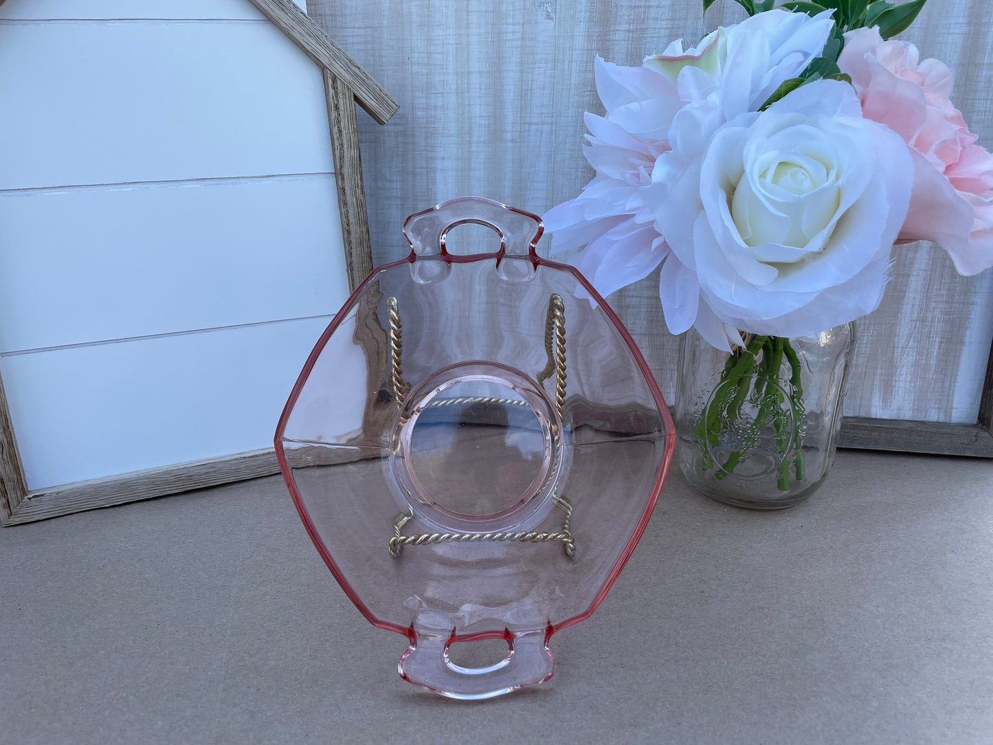 pink depression glass cereal bowl 1930s imperial glass company pink bowl handles ornate Thebrokenbirdcompany ice cream bowl kitchen dishes antique glass antique dishes Pink fancy bowl new house gift birthday gift free gift wrapping pink glass cute