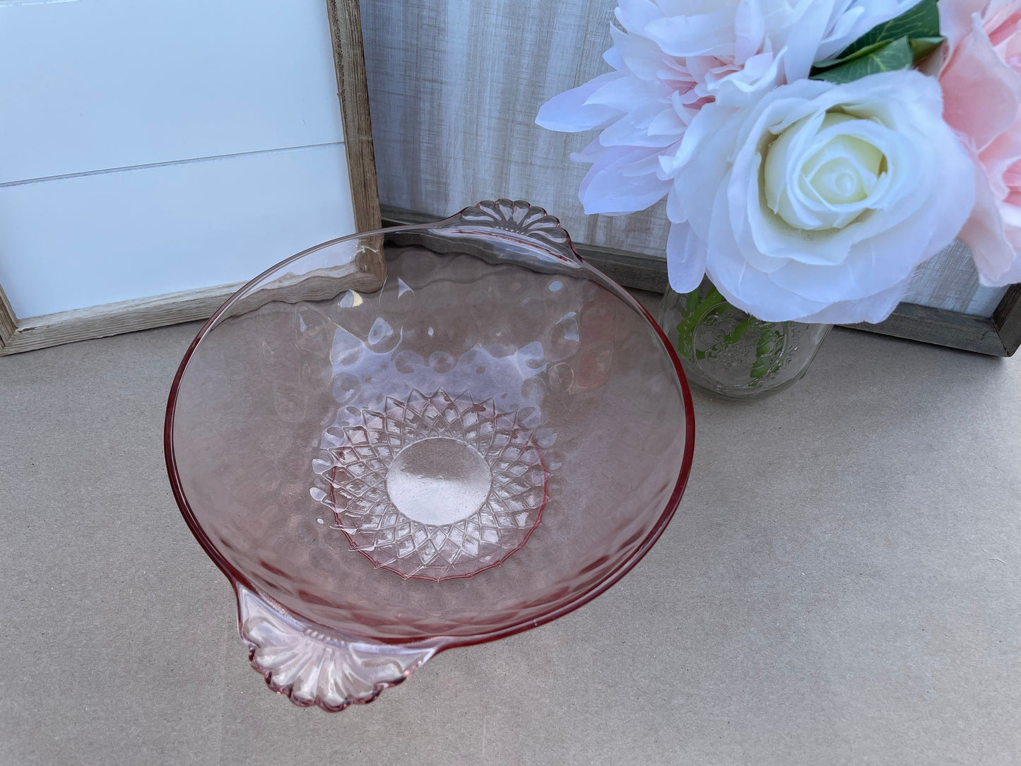 Anchor Hocking diamond optic pink depression glass serving bowl with ornate glass handles Pink depression glass berry bowl ornate salad bowl Thebrokenbirdcompany pink glass antique glass pink birthday gift fancy ice cream bowl depression glass pink party bowl