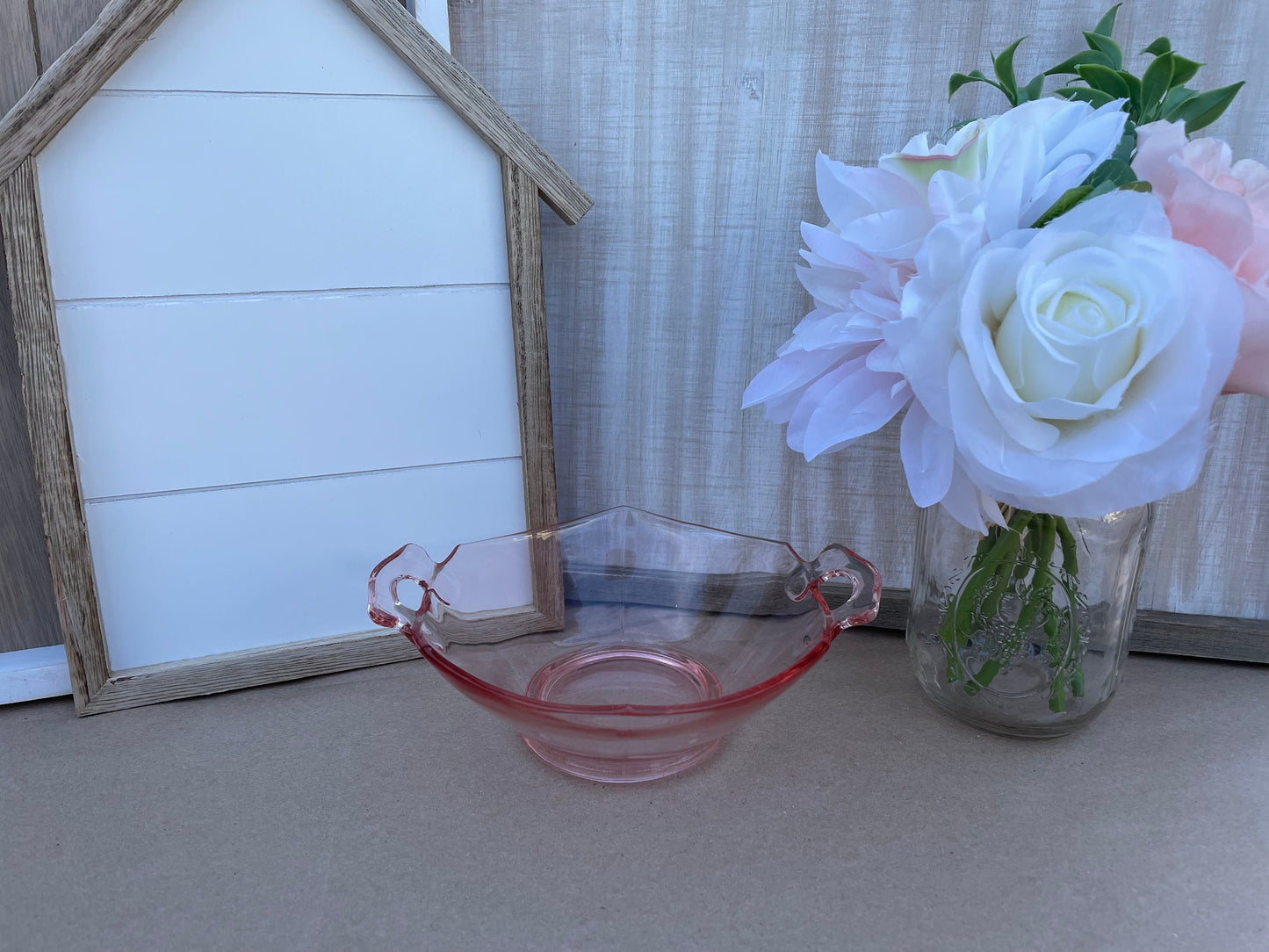 pink depression glass cereal bowl 1930s imperial glass company pink bowl handles ornate Thebrokenbirdcompany ice cream bowl kitchen dishes antique glass antique dishes Pink fancy bowl new house gift birthday gift free gift wrapping pink glass cute