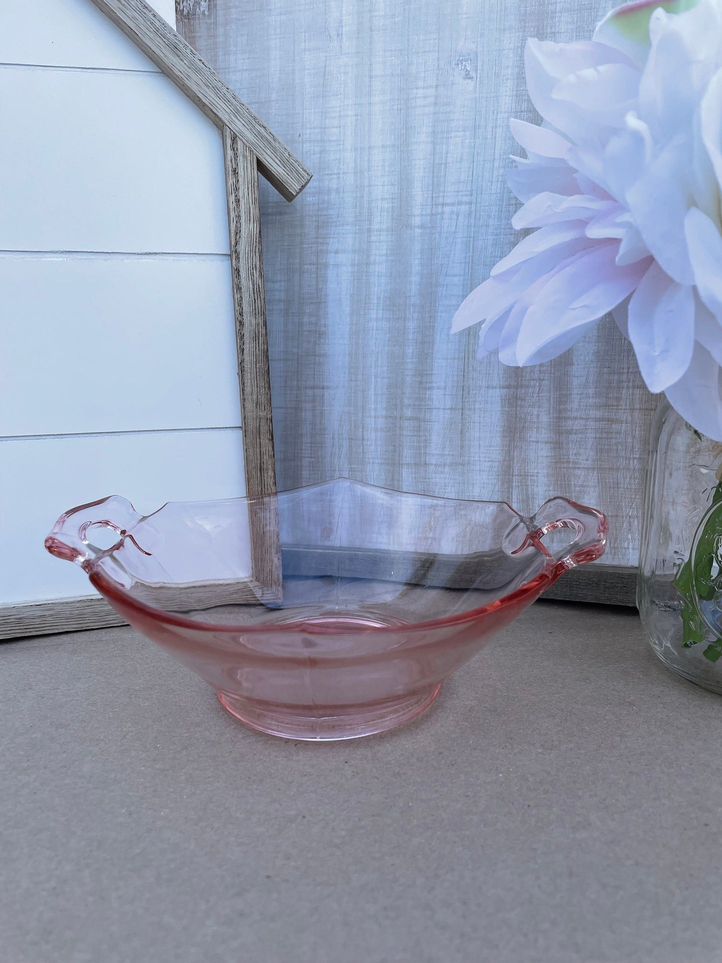 pink depression glass cereal bowl 1930s imperial glass company pink bowl handles ornate Thebrokenbirdcompany ice cream bowl kitchen dishes antique glass antique dishes Pink fancy bowl new house gift birthday gift free gift wrapping pink glass cute