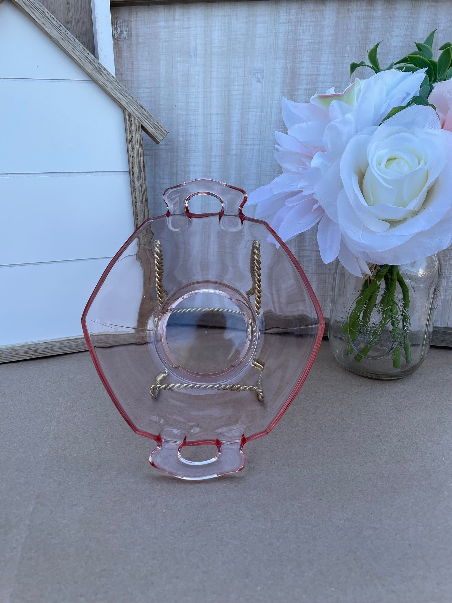 pink depression glass cereal bowl 1930s imperial glass company pink bowl handles ornate Thebrokenbirdcompany ice cream bowl kitchen dishes antique glass antique dishes Pink fancy bowl new house gift birthday gift free gift wrapping pink glass cute