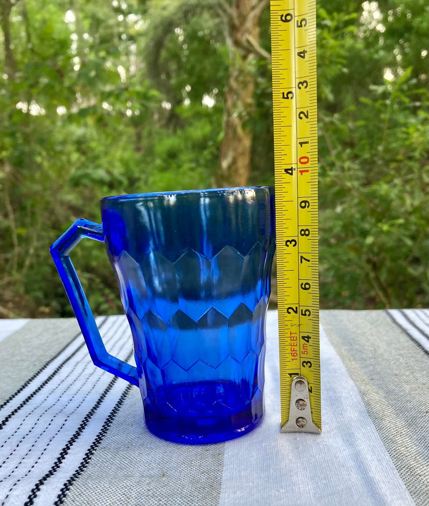 Antique Hazel Atlas Cobalt Blue Depression Glass Honeycomb Pattern 4 Inch Juice Cup with Handle the broken bird company small glass juice cup grandparents little juice cup depression glass juice cup favorite cup Cobalt blue glass kitchenware