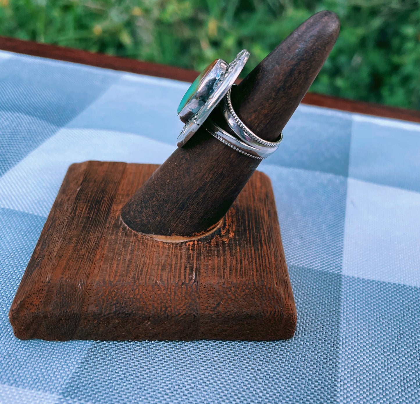 Vintage Double Banded Hand Made Large Turquoise Round Stone Ring with Silver Etched Halo
