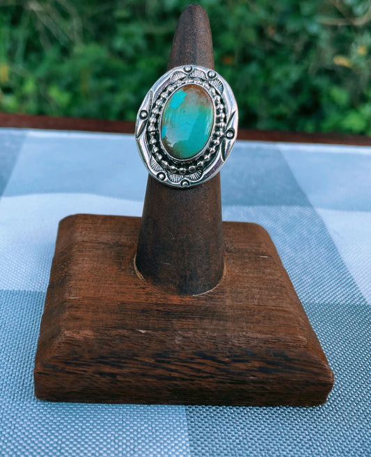 Vintage Double Banded Hand Made Large Turquoise Round Stone Ring with Silver Etched Halo