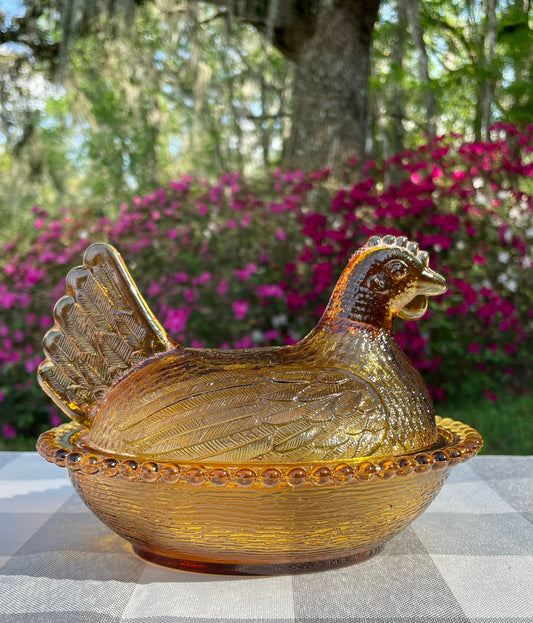 Vintage Full Size Amber Glass Nesting Hen