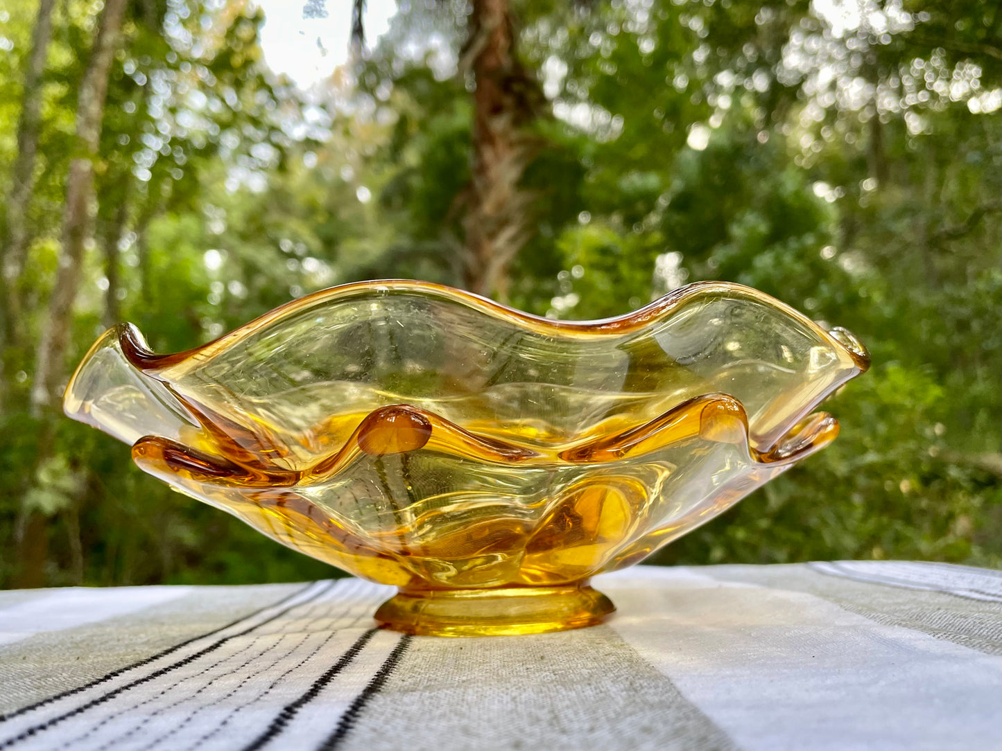 MCM Yellow Viking Glass Orange Molded Double Layered Bowl Ruffle Edge Compote Fruit Bowl