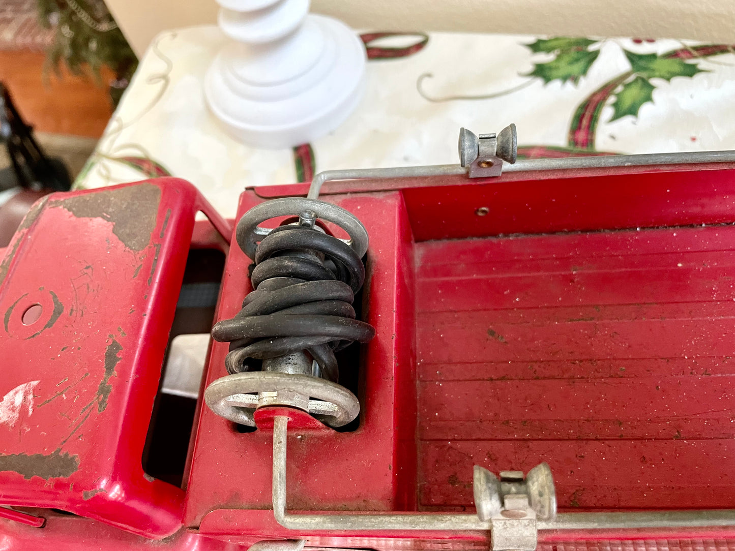 Antique 1957 Tonka Toy Suburban Pumper Fire Engine No. 5 engine red antique pressed steel 1957 edition of the Tonka Toy Fire engine number 5 original red steel ladder and rubber hose the broken bird company antique gifts rare tonka toy fire fighter