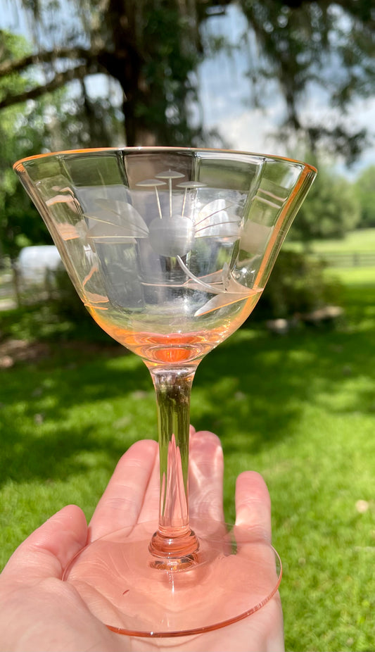 pink depression glass, etched floral coupe, vintage champagne glass, 1930s stemware, depression glass, pink glassware, Tiffin glass, floral etched, antique glass, barware, collectible glass, pink wine glass, elegant glass Thebrokenbirdcompany free shipping