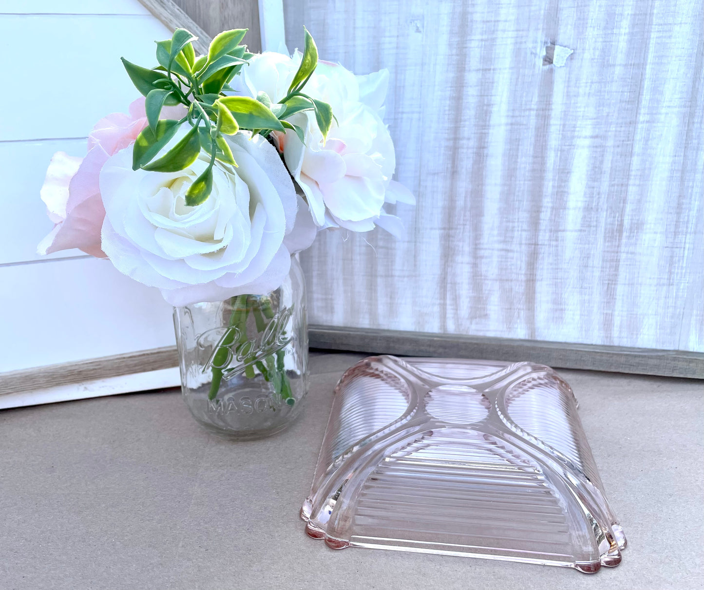 Antique Opalescent Pink Depression Glass Square Ribbed Dish