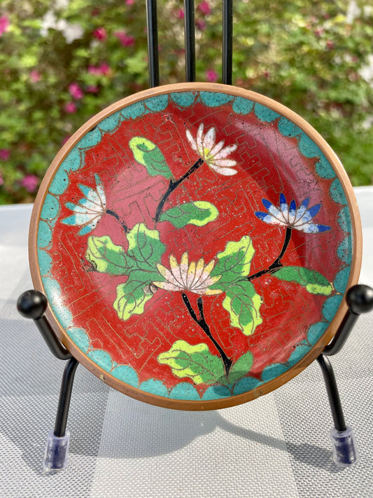 Antique Chinese Cloisonné Red and Blue Enamel over Bronze Round Decorative Plate