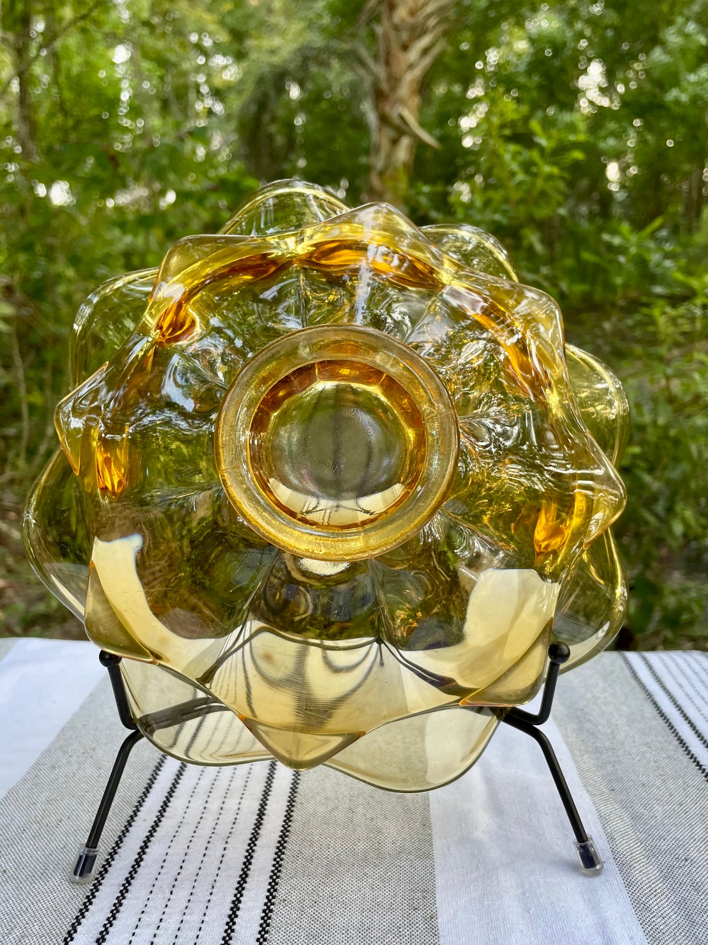 MCM Yellow Viking Glass Orange Molded Double Layered Bowl Ruffle Edge Compote Fruit Bowl