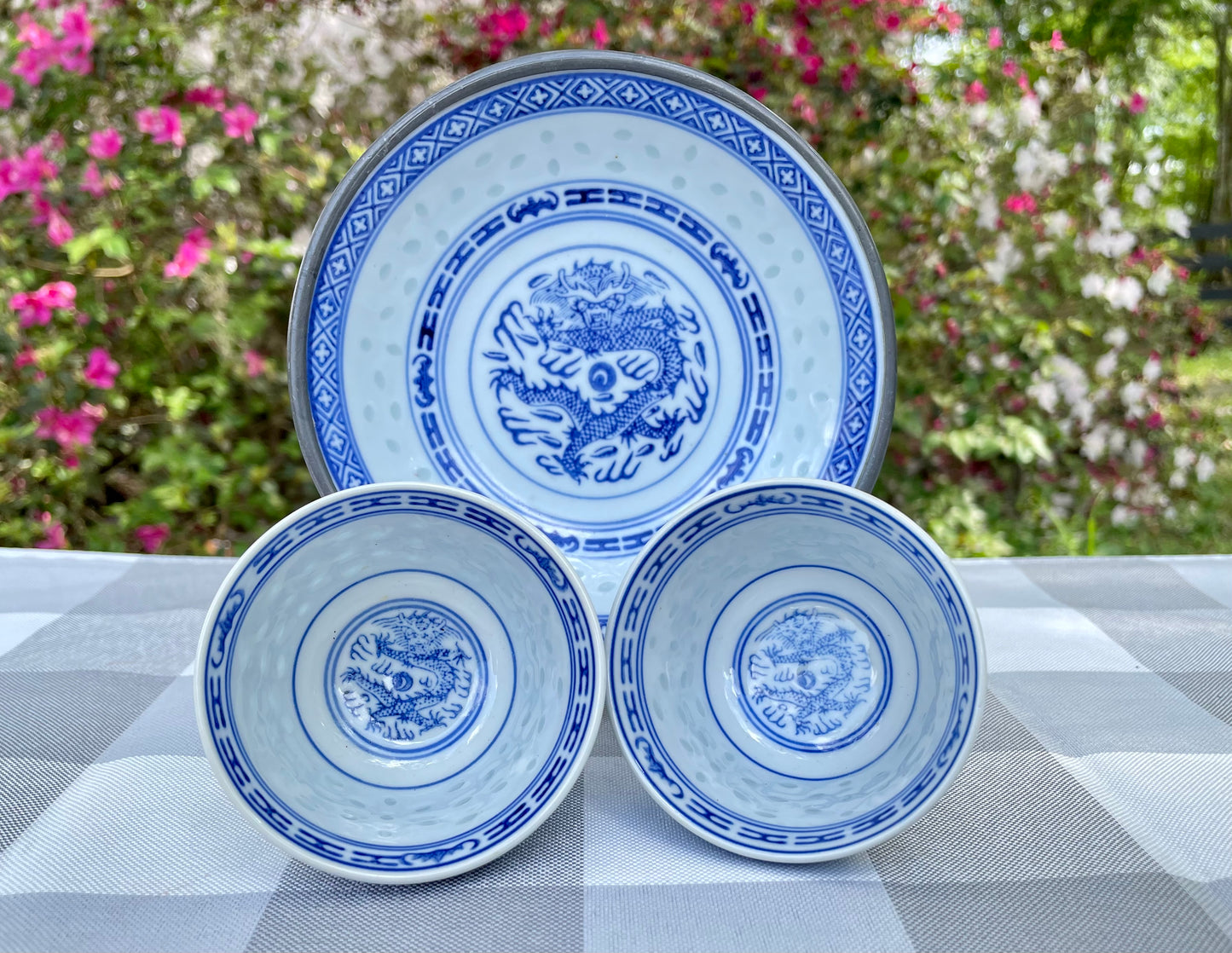 Vintage White Ceramic Blue Dragon Sake Cups and Rice Bowl Set