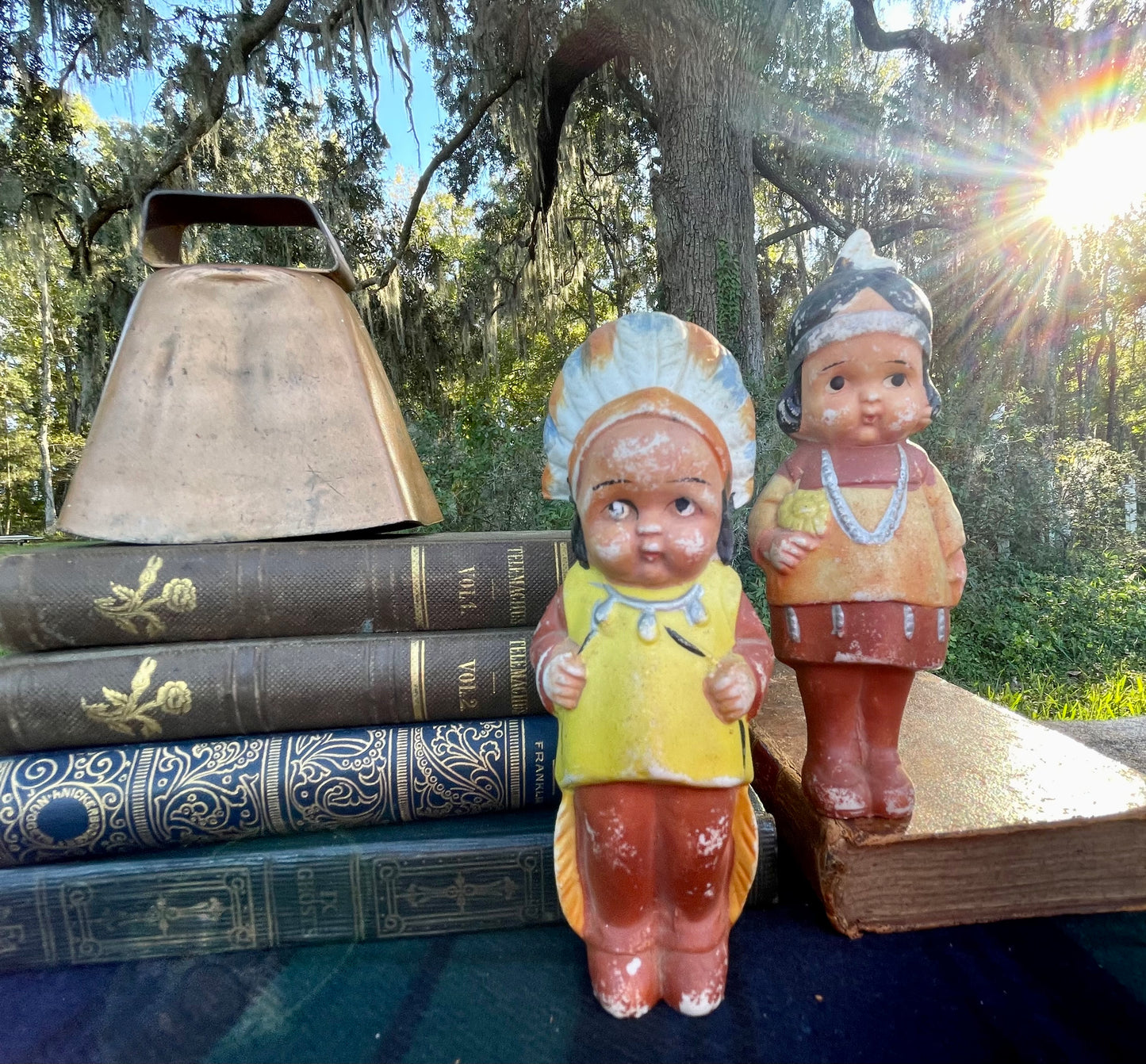 Rare Bisque Native American Indian Boy and Girl Ceramic Free Standing Figurines stamped Japan