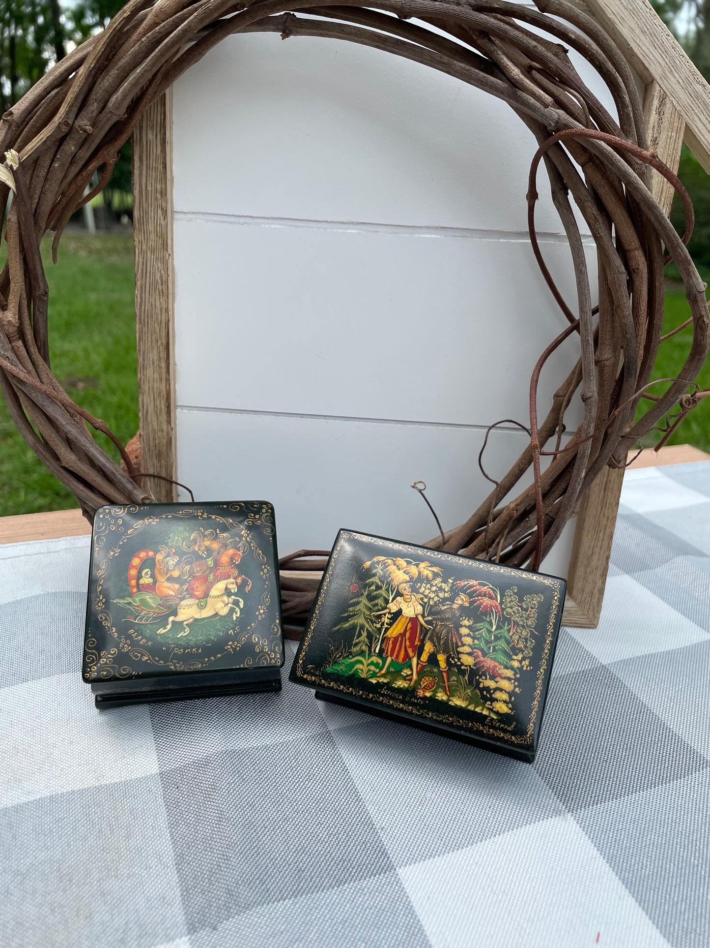 Vintage Wooden Hand Painted and Signed Russian Black Lacquer Fairy Tale Trinket Box with Red Interior