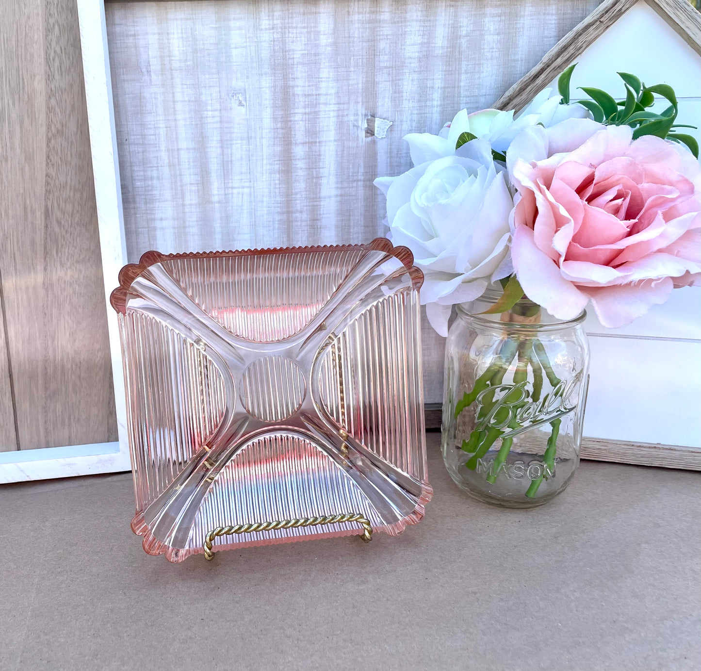 Antique Opalescent Pink Depression Glass Square Ribbed Dish