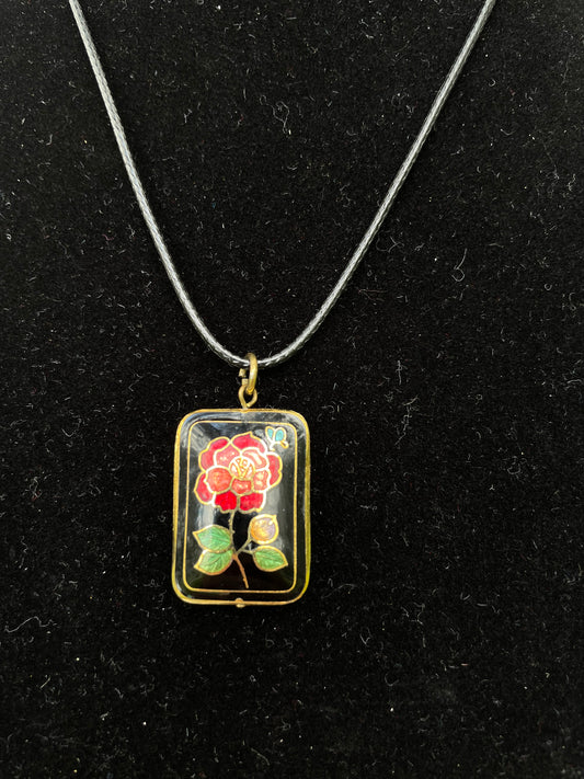 Vintage Cloisonne Black Enamel Red Rose Pendant Necklace