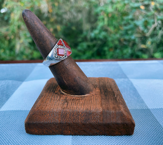 Vintage Mid Century Ruby Red Triangular Shaped Illusion Cocktail Ring 925