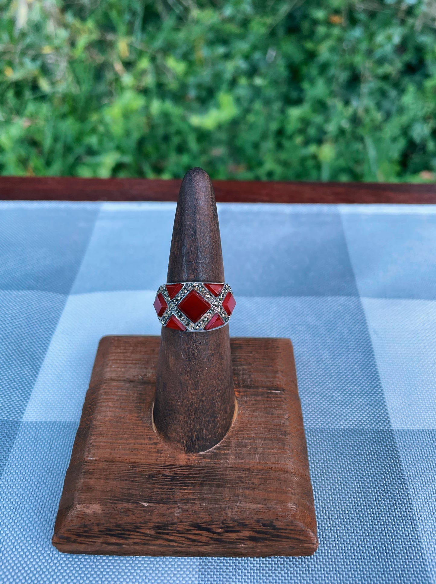 Vintage Mid Century Ruby Red Triangular Shaped Illusion Cocktail Ring 925