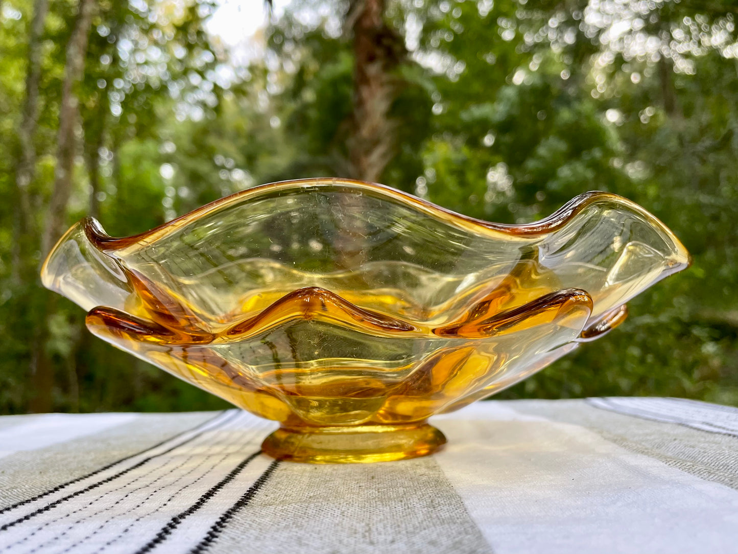 MCM Yellow Viking Glass Orange Molded Double Layered Bowl Ruffle Edge Compote Fruit Bowl