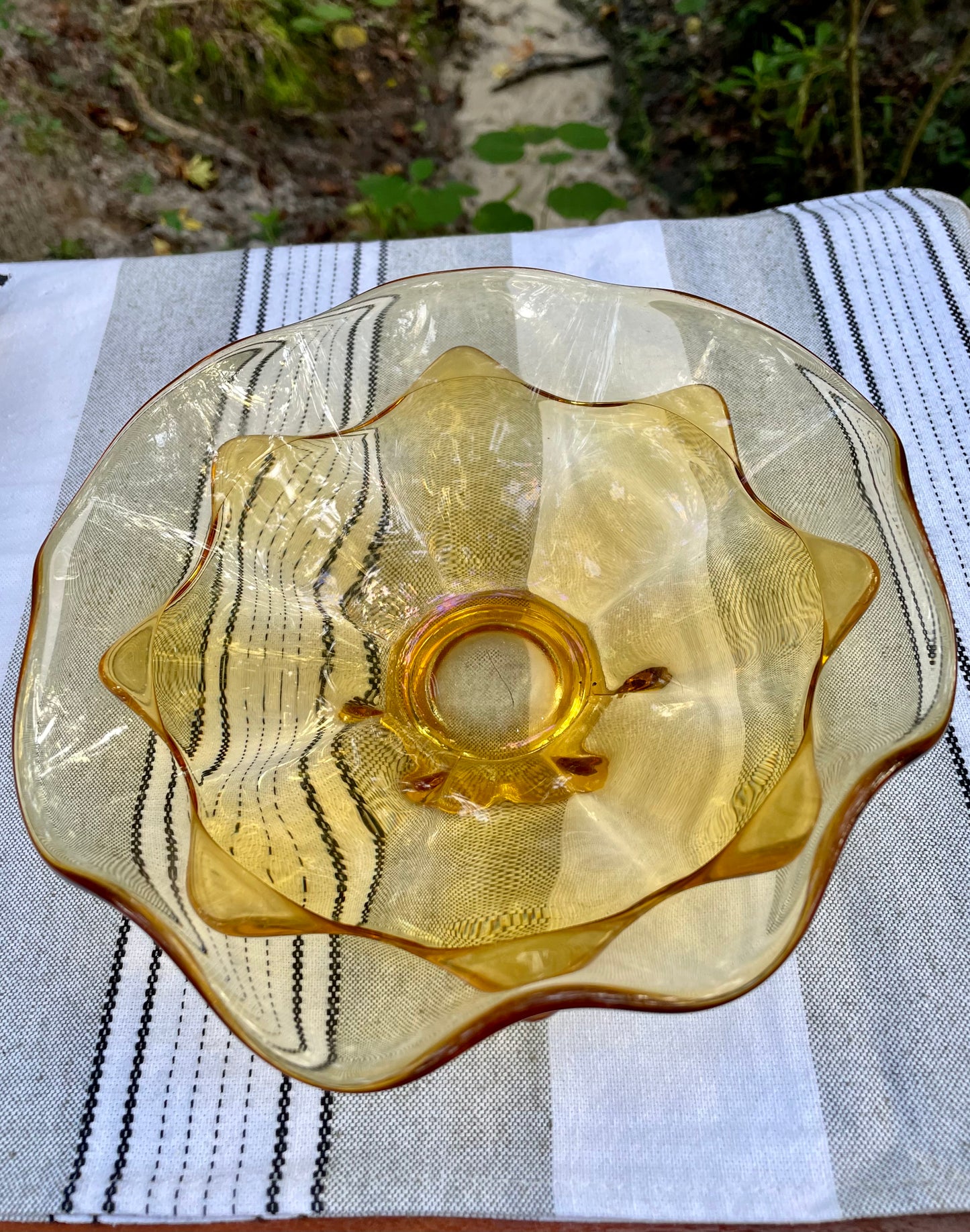 MCM Yellow Viking Glass Orange Molded Double Layered Bowl Ruffle Edge Compote Fruit Bowl