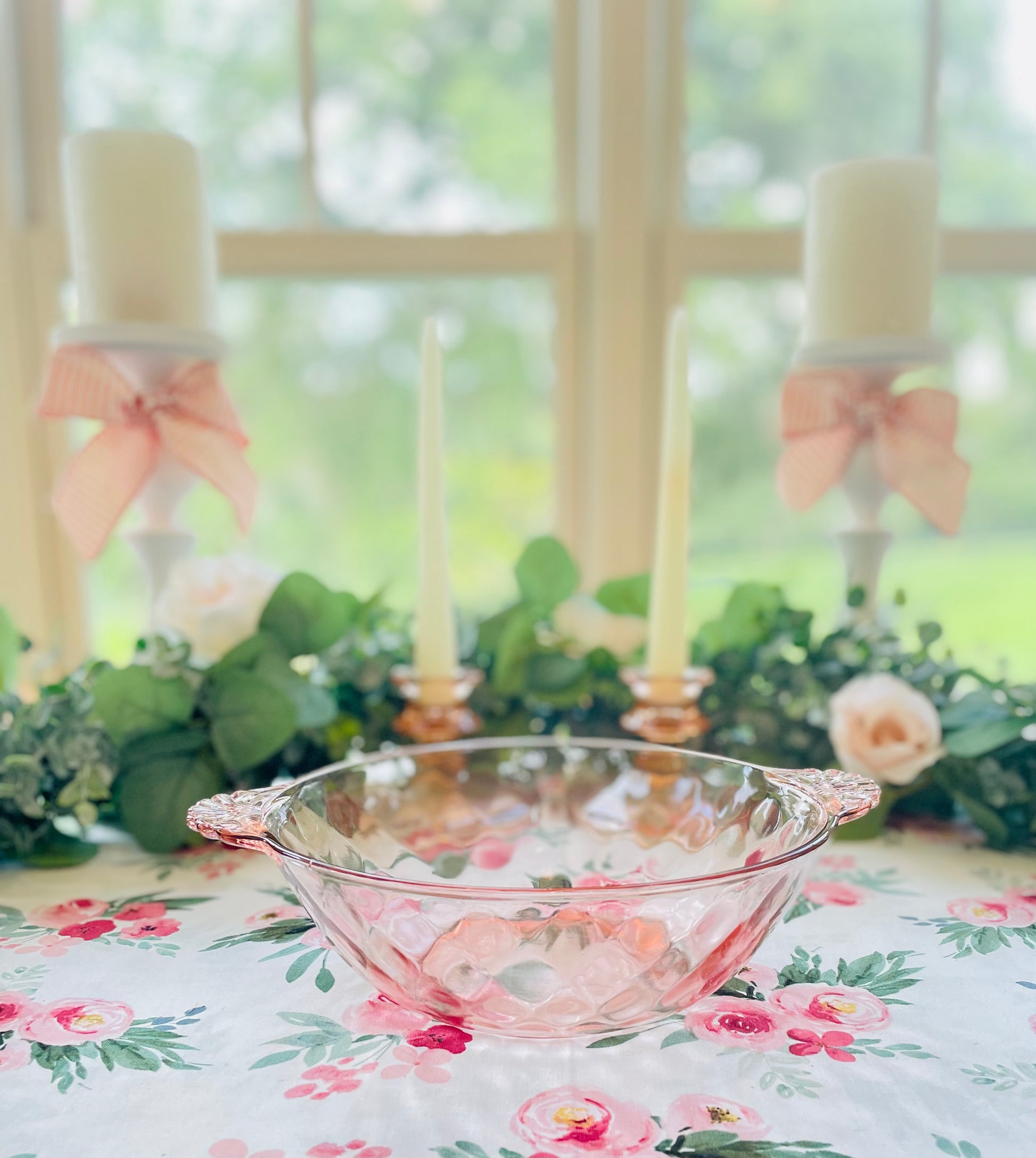 Anchor Hocking diamond optic pink depression glass serving bowl with ornate glass handles Pink depression glass berry bowl ornate salad bowl Thebrokenbirdcompany pink glass antique glass pink birthday gift fancy ice cream bowl depression glass pink party bowl 
