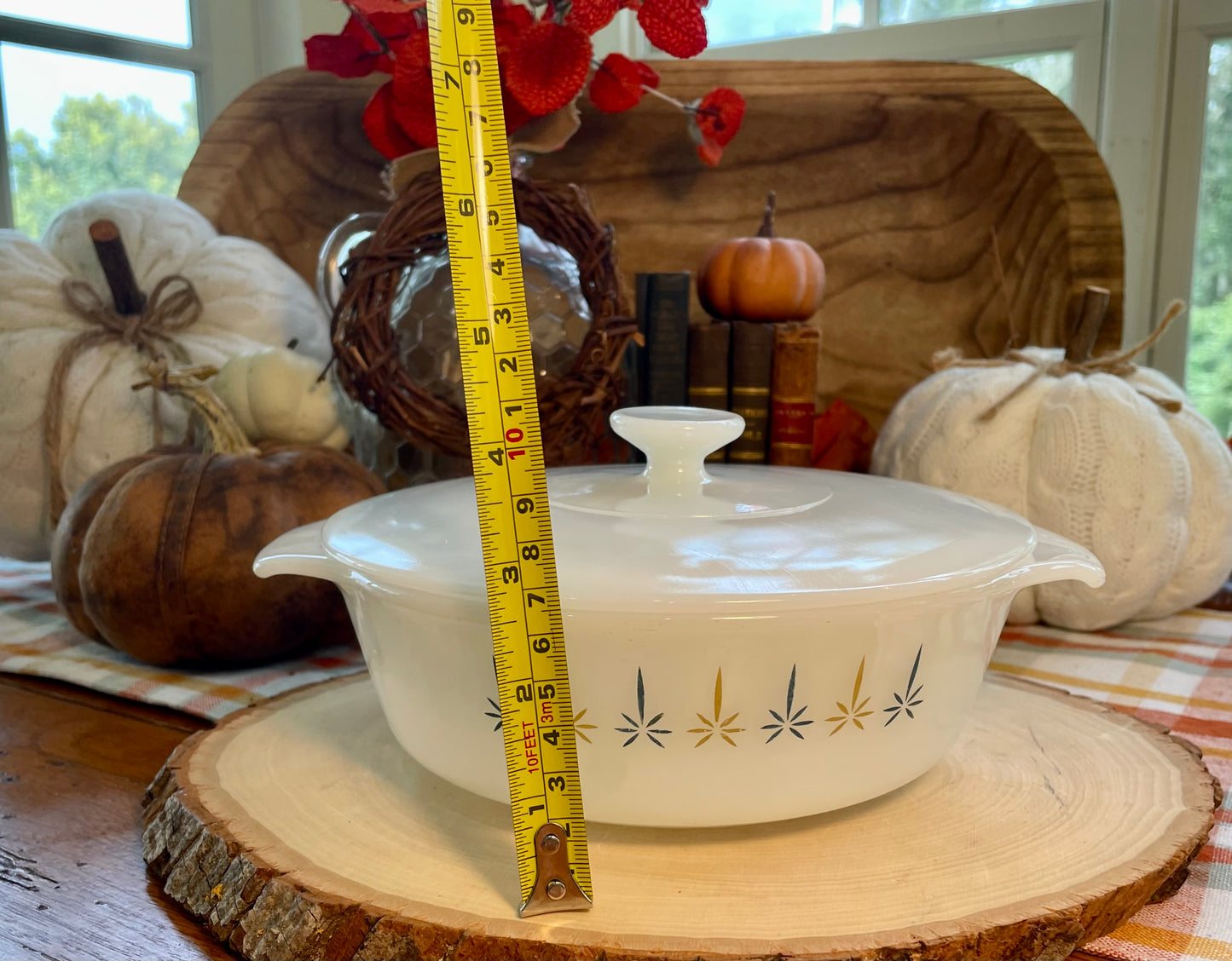 antique anchor hocking atomic starburst 1 quart casserole dish white milk glass vintage casserole dish milk glass kitchenware Thebrokenbirdcompany unique birthday gift orange and blue star burst dish cooking ware vintage kitchen vintage milk glass