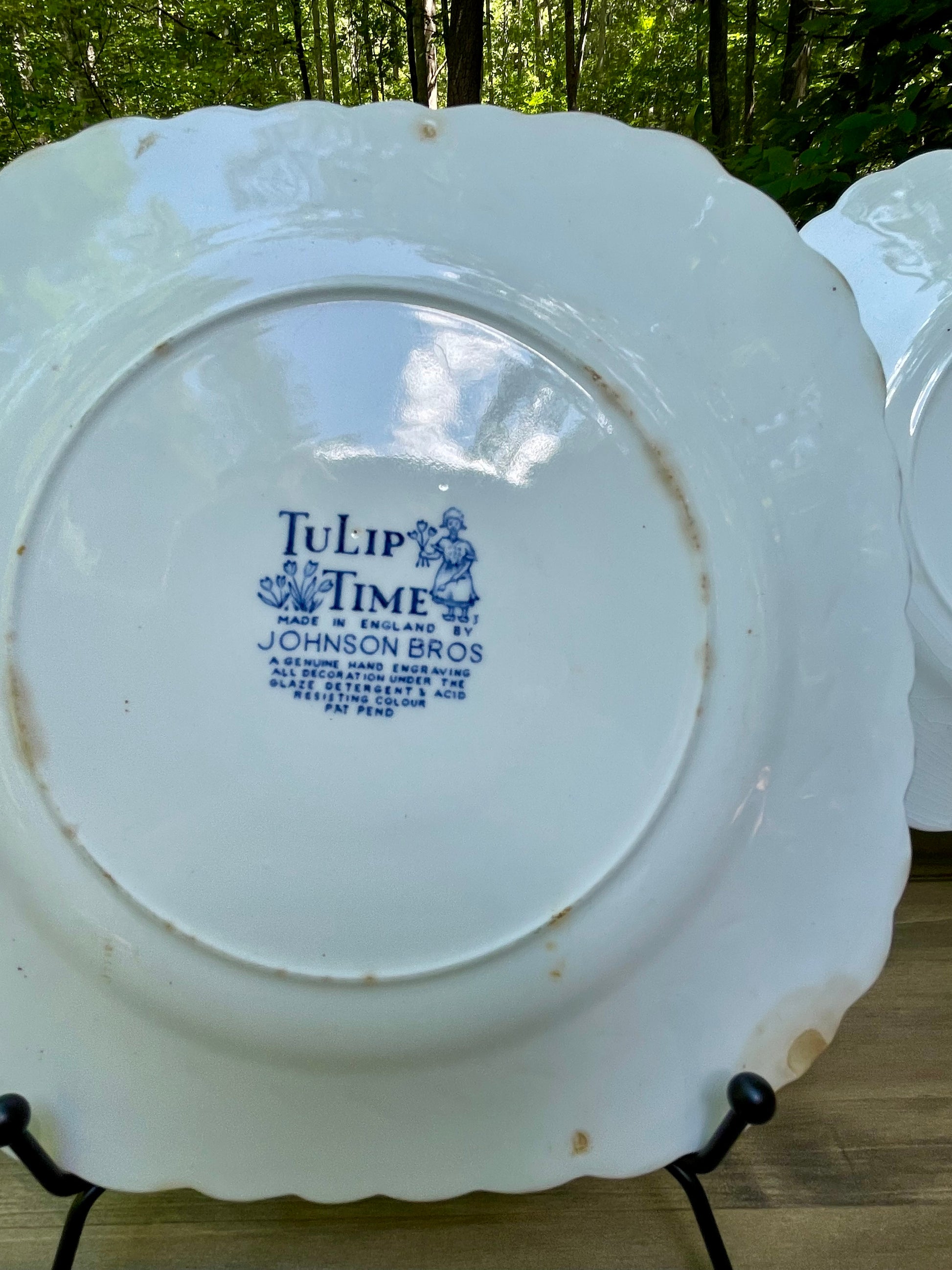 vintage blue and white dutch delftware ironstone square plates tulip time by johnson brothers made in england ruffled edge country farmhouse decor decorative plates free shipping thebrokenbirdcompany gift for her home decor