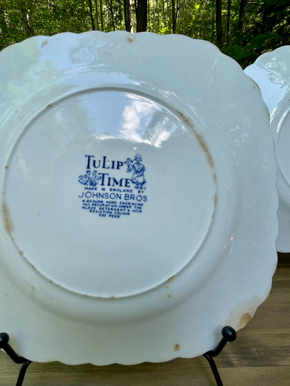 vintage blue and white dutch delftware ironstone square plates tulip time by johnson brothers made in england ruffled edge country farmhouse decor decorative plates free shipping thebrokenbirdcompany gift for her home decor