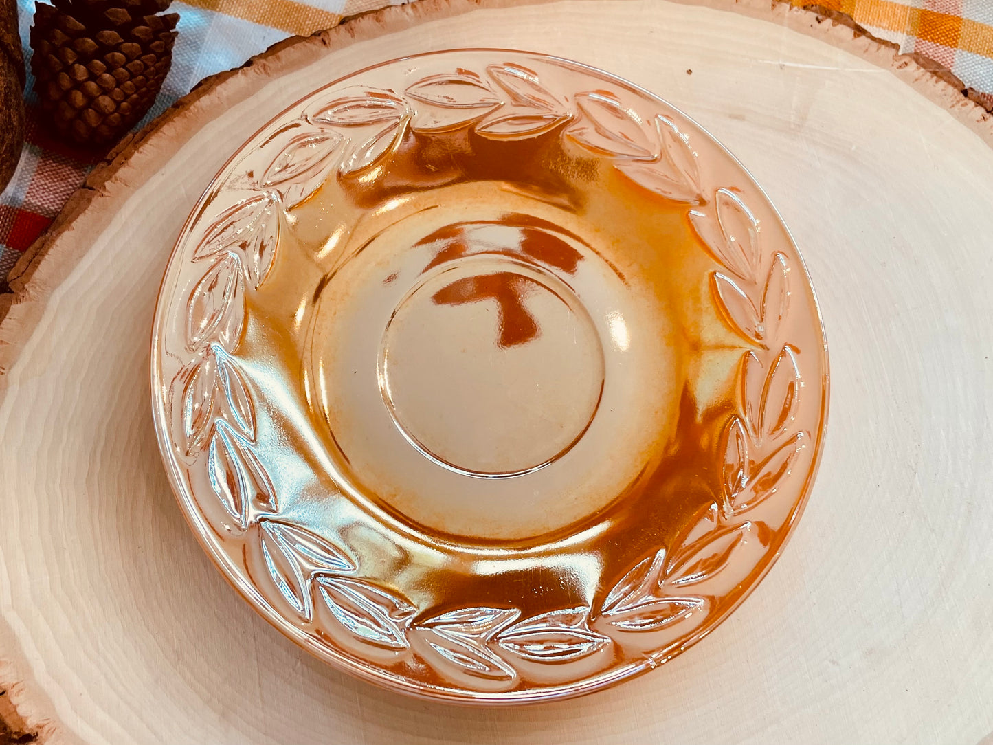 Vintage 1950s Fire King Laurel Leaf Peach Lusterware Tea Gift Set for 2 tea set vintage gift kitchenware iridescent marigold orange glass rare tea set  Thebrokenbirdcompany free shipping Christmas gift for her free gift wrapping vintage kitchenware iridescent glass anchor hocking glass company