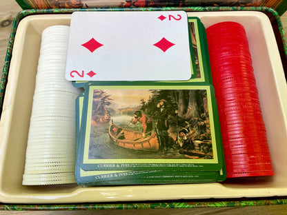 vintage-playing-cards-Currier-and-Ives-collectible-poker-chips-set-tin-box-game-set, 1991 card deck, Americana artwork cards, double deck poker, museum licensed vintage, retro Currier Ives tin, historical prints playing cards, camping scene poker set, hound dog canoe tin, vintage game night essentials, collectible card games, 19th century lithograph reproduction thebrokenbirdcompany vintage gift free shipping