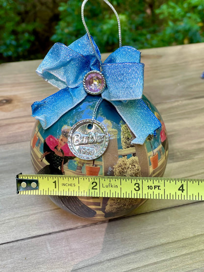 1998 holiday Barbie Christmas ornament blue bow silver tag gift for mom vintage Barbie collector Barbie lover gift Thebrokenbirdcompany Black dress Barbie Christmas decor free shipping 