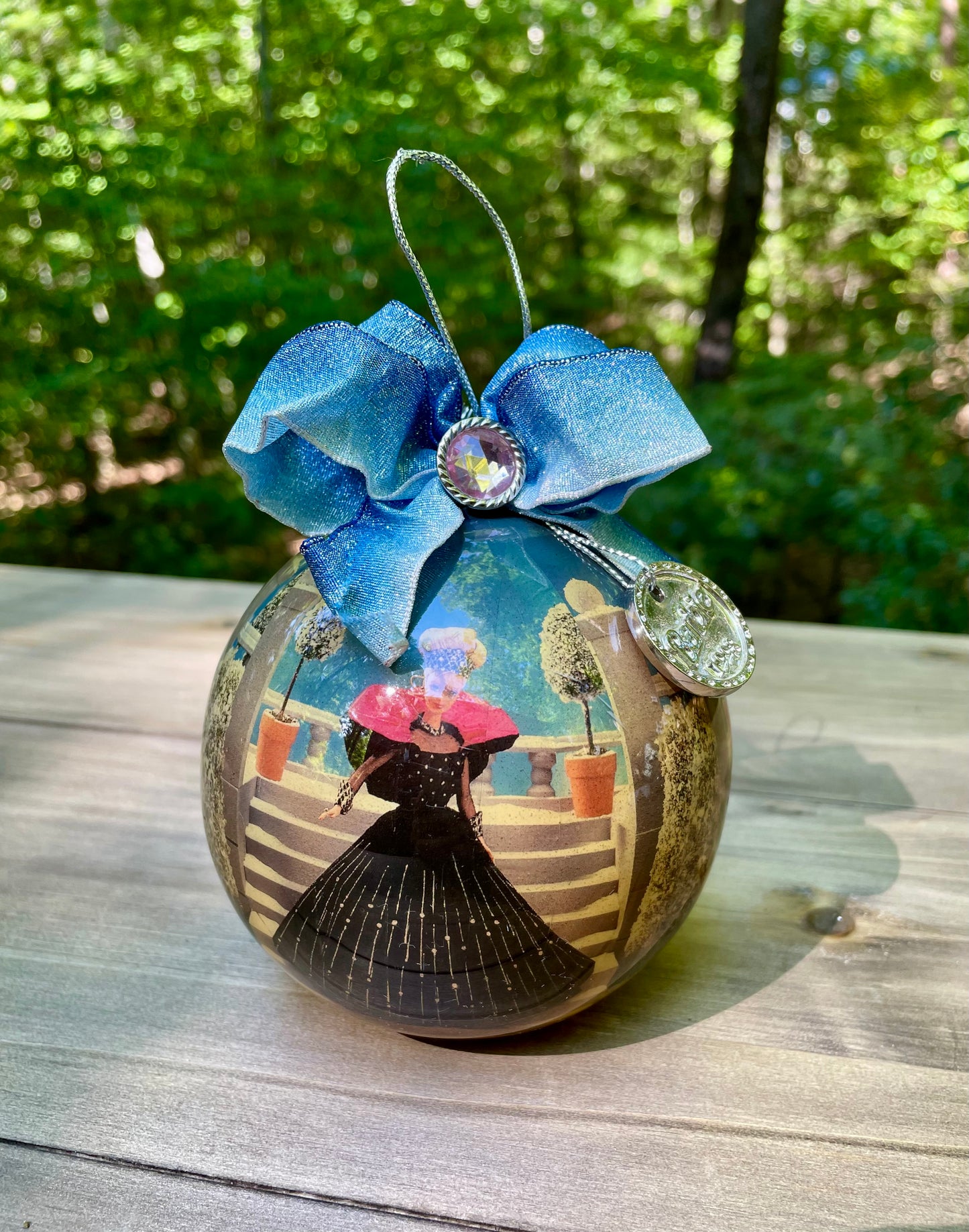 1998 holiday Barbie Christmas ornament blue bow silver tag gift for mom vintage Barbie collector Barbie lover gift Thebrokenbirdcompany Black dress Barbie Christmas decor free shipping 