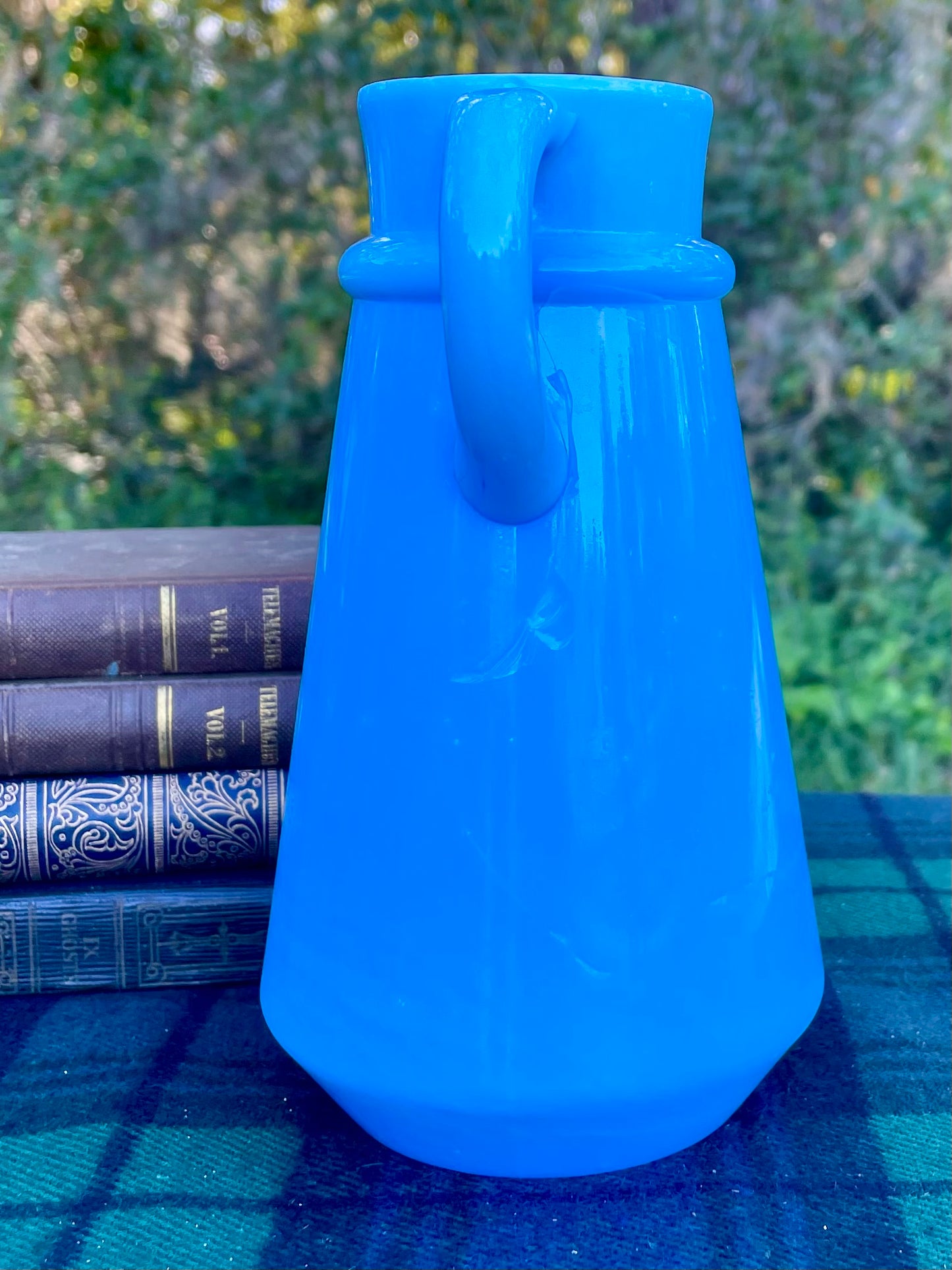 vintage french opaline pitcher, blue opaline glass pitcher, antique french opaline, raised base mark glass, swirl mark opaline, portieux vallerysthal style, 6 inch blue opaline jug, hand blown french pitcher, robins egg blue creamer, embossed mold mark glassware, collectible french milk glass, turquoise opaline pitcher, victorian blue opaline, french opaline with base mark victorian decor french victorian decor 19th century antiques ocean blue glass thebrokenbirdcompany free shipping