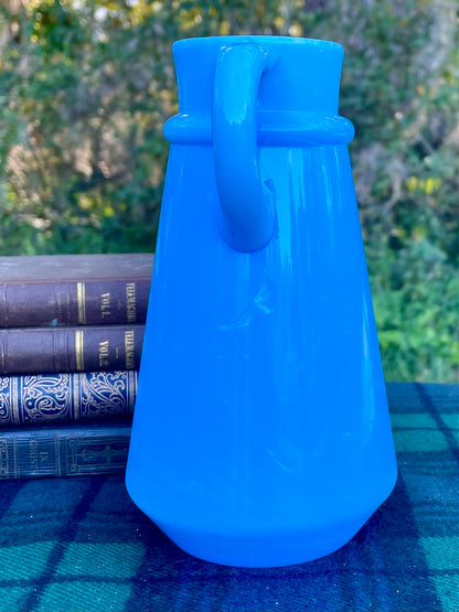 vintage french opaline pitcher, blue opaline glass pitcher, antique french opaline, raised base mark glass, swirl mark opaline, portieux vallerysthal style, 6 inch blue opaline jug, hand blown french pitcher, robins egg blue creamer, embossed mold mark glassware, collectible french milk glass, turquoise opaline pitcher, victorian blue opaline, french opaline with base mark victorian decor french victorian decor 19th century antiques ocean blue glass thebrokenbirdcompany free shipping